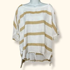 Meo Meli Top Striped Lagenlook Women Tan White Batwing Sleeve Lightweight Blouse